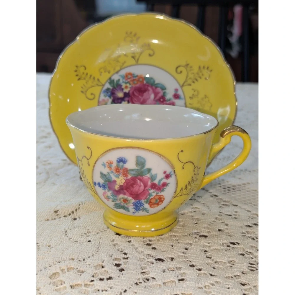 Vintage Tea Cup and Saucer Set OS Yellow Floral Gold Gilt Japan Porcelain